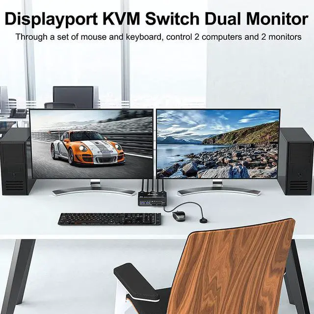 Alt view image 2 of 7 - USB 3.0 Dual Monitor DisplayPort KVM Switch 8K @30Hz 4K @60Hz, 2 in 2 Out DP KVM Switch 2 PC 2 Monitors, KVM switches with 4 USB 3.0 ports for 2 PCs, with DP+USB cable and desktop controller