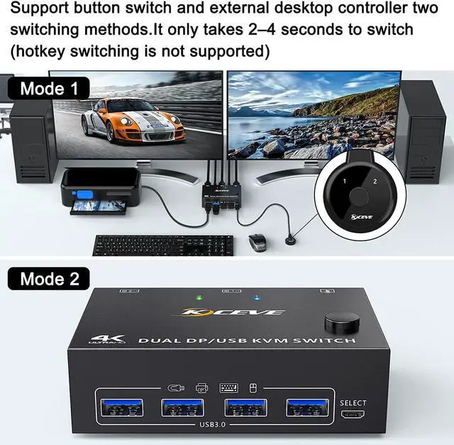 Alt view image 6 of 7 - USB 3.0 Dual Monitor DisplayPort KVM Switch 8K @30Hz 4K @60Hz, 2 in 2 Out DP KVM Switch 2 PC 2 Monitors, KVM switches with 4 USB 3.0 ports for 2 PCs, with DP+USB cable and desktop controller