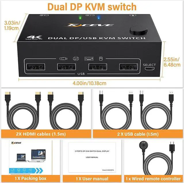 Alt view image 7 of 7 - 2 Port Dual Monitor Displayport KVM Switch 2 Computer 2 Monitors, Two Monitors Displayport USB DP KVM Dual Monitor Switcher 2 in 2 Out, Supports 4K @60Hz for 2 PCs  sharing keyboard, mouse and monitor