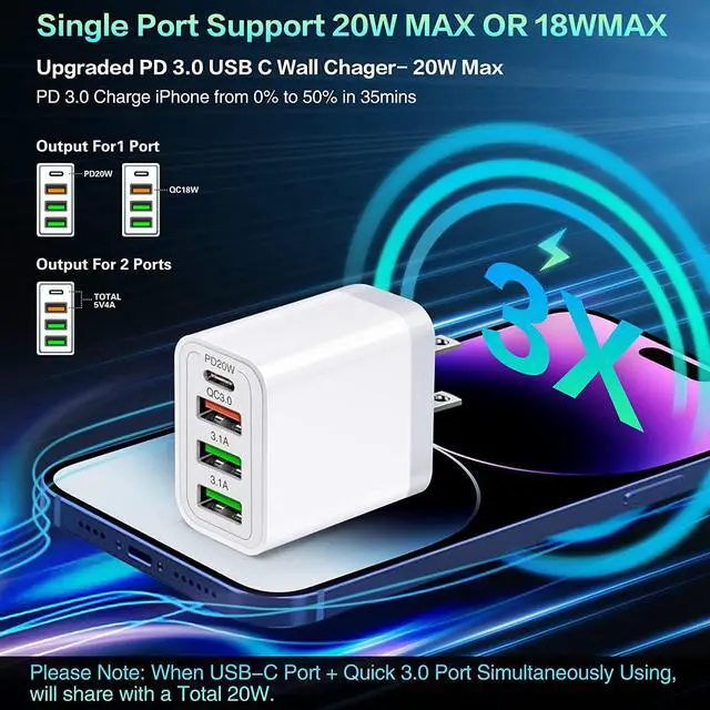 Alt view image 3 of 7 - 35W USB C Fast Charger, 4-Pack 4-Port PD Type C+ Quick 3.0 USB A Wall Charger Block Compatible for i-P-h-o-n-e 12/13/14 /Pro Max, XS/XR/X, Pad Pro, S-a-m-s-u-n-g Galaxy, M-o-t-o, Tablet, and More