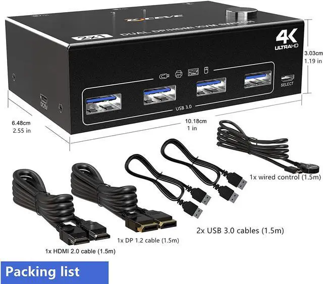 Alt view image 7 of 7 - Dual Monitor Displayport HDMI USB 3.0 KVM Switch 2 Computer 2 Monitors, DP HDMI KVM Switcher Supports 4K @60Hz for 2 Computers Share Keyboard, 4 USB 3.0 Ports, Wired Remote and 4 Cables Included