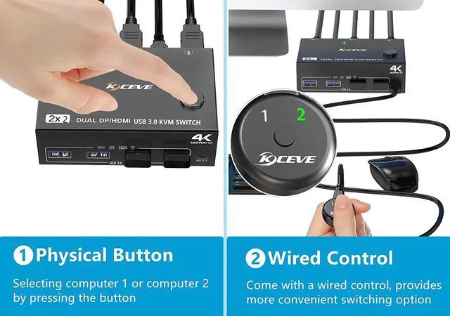 Alt view image 5 of 7 - Dual Monitor Displayport HDMI USB 3.0 KVM Switch 2 Computer 2 Monitors, DP HDMI KVM Switcher Supports 4K @60Hz for 2 Computers Share Keyboard, 4 USB 3.0 Ports, Wired Remote and 4 Cables Included