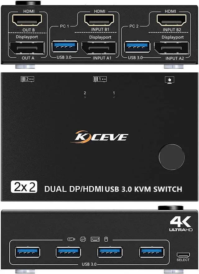 Alt view image 2 of 7 - Dual Monitor Displayport HDMI USB 3.0 KVM Switch 2 Computer 2 Monitors, DP HDMI KVM Switcher Supports 4K @60Hz for 2 Computers Share Keyboard, 4 USB 3.0 Ports, Wired Remote and 4 Cables Included