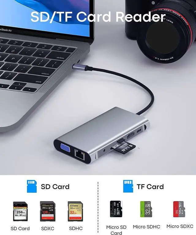 Alt view image 5 of 7 - AUTYUE USB C Hub Multiport Type C Docking Station Adapter, 10-in-1 USB C Dongle with 4K HDMI,VGA,1000M Ethernet, 3 USB 3.0 Ports,100W PD,SD/TF Card Reader, 3.5mm Aux,for MacBook Pro 2023/2022, Laptop