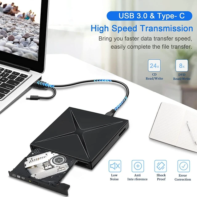 Alt view image 5 of 7 - External CD DVD Drive for Laptop, High Speed USB 3.0 Type -C Portable CD DVD Player Burner, 5 in 1 Optical DVD CD ROM Drive Reader Writer Compatible with Desktop PC Windows Linux Mac OS