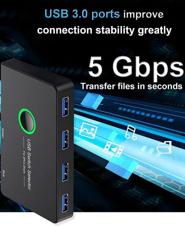 Alt view image 5 of 7 - USB 3.0 Switch Selector, USB3.0 2 in 4 Out for 2 Computers Share 4 Port USB KVM Switcher Hub for PC Mouse Keyboard Printer Scanner Compatible with Windows, MacOS