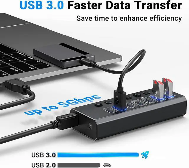 Alt view image 3 of 6 - USB Hub 3.0 Powered, 7-Port Powered USB 3.0 Hub with Individual Switches & 12V Power Adapter & 39'' Long Cable USB Expander Hub Splitter for Mac-Book Air Pro,Mac Mini,i-Mac All Laptops Desktops