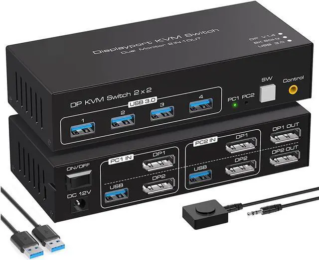 Main image of Dual Monitor DisplayPort KVM Switch 2 in 2 Out, 2 Port DP 1.4 KVM Switch for 2 Computers 2 Monitors Share Keyboard Mouse Printer Support 8K @60Hz 4K@120HZ with 4 Port USB 3.0 Support Desktop Control