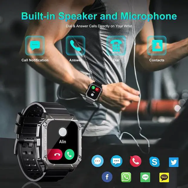 Alt view image 4 of 6 - Smart Watch-Military Smart Watches for Men, 1.95'' Military Watch with Bluetooth Call IP68 Waterproof Smart Watches Rugged Outdoor Men's Watch for iPhone Android Smartwatch with Bp Heart Rate Monitor