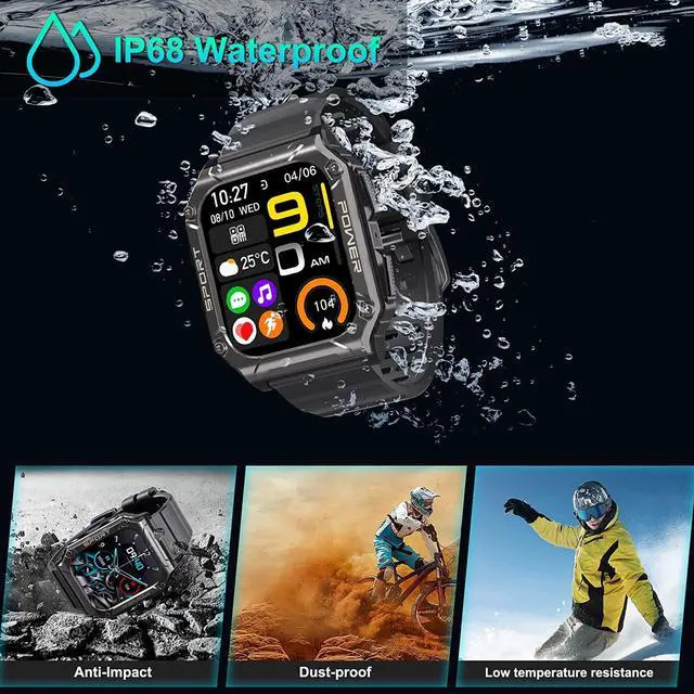 Alt view image 5 of 6 - Smart Watch-Military Smart Watches for Men, 1.95'' Military Watch with Bluetooth Call IP68 Waterproof Smart Watches Rugged Outdoor Men's Watch for iPhone Android Smartwatch with Bp Heart Rate Monitor
