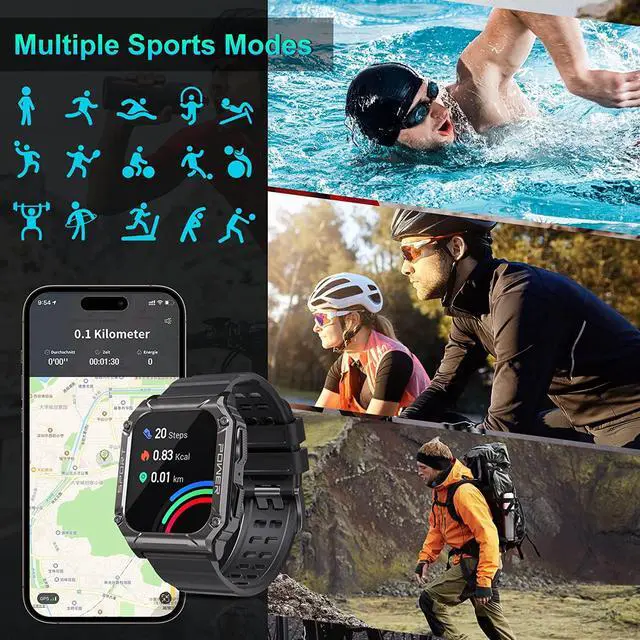 Alt view image 3 of 6 - Smart Watch-Military Smart Watches for Men, 1.95'' Military Watch with Bluetooth Call IP68 Waterproof Smart Watches Rugged Outdoor Men's Watch for iPhone Android Smartwatch with Bp Heart Rate Monitor