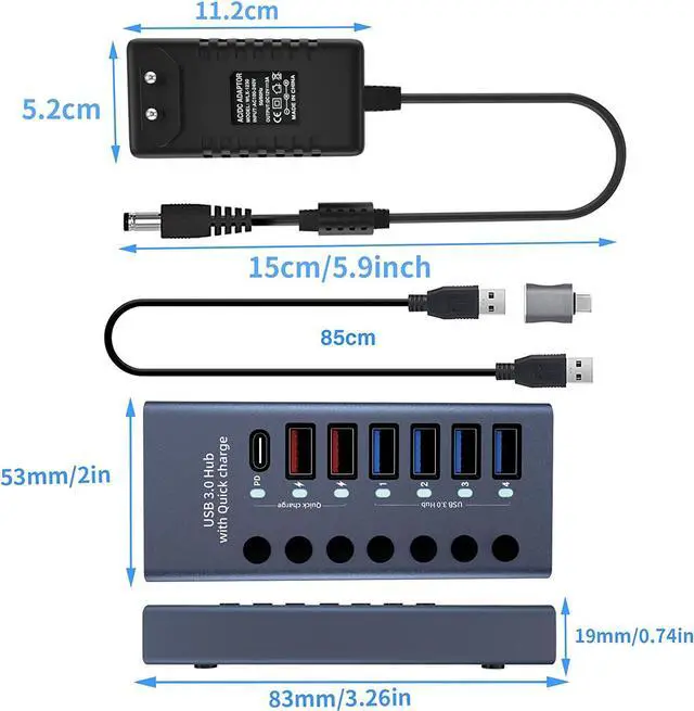 Alt view image 7 of 7 - Aluminum Powered USB 3.0 Hub, 7-Port USB Hub Splitter (4 USB 3.0 Data Transmission Ports + 2 Smart Charging Ports + 1 PD Charging Port), with 36W (12V/3A) Power Adapter and Independent Switch