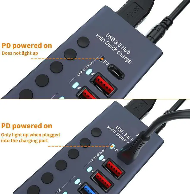 Alt view image 5 of 7 - Aluminum Powered USB 3.0 Hub, 7-Port USB Hub Splitter (4 USB 3.0 Data Transmission Ports + 2 Smart Charging Ports + 1 PD Charging Port), with 36W (12V/3A) Power Adapter and Independent Switch