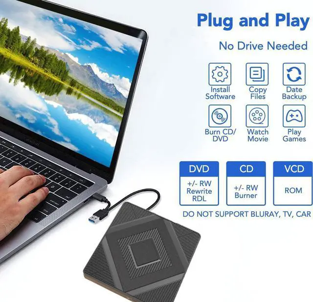 Alt view image 7 of 7 - External CD DVD Drive,USB 3.0 Type C Portable CD/DVD +/-RW Drive,DVD/CD ROM Reader Writer Burner DVD Player External Optical Drives For Laptop Desktop PC Windows 11/10/8.1/7/XP Macbook Mac OS Linux
