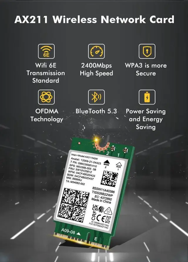 Intel AX211 NGW Wireless 6E WiFi Card | Alleen compatibel met CNVio2 Protocol en Intel CPU 12/13e Generatie | Bluetooth 5.3 | Tri-Band 5400Mbps | Laptop netwerkadapter compatibel met Windows