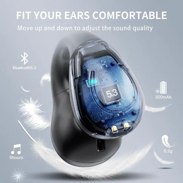 Alt view image 5 of 7 - Wireless Headphones, Bluetooth Ear Clip Earphones, 30H Playtime Open Ear Clip Headphones with Mic, Mini Wireless Earbuds Bluetooth for Running Sport Gym, USB-C, Compatible with iPhone Android (Black)