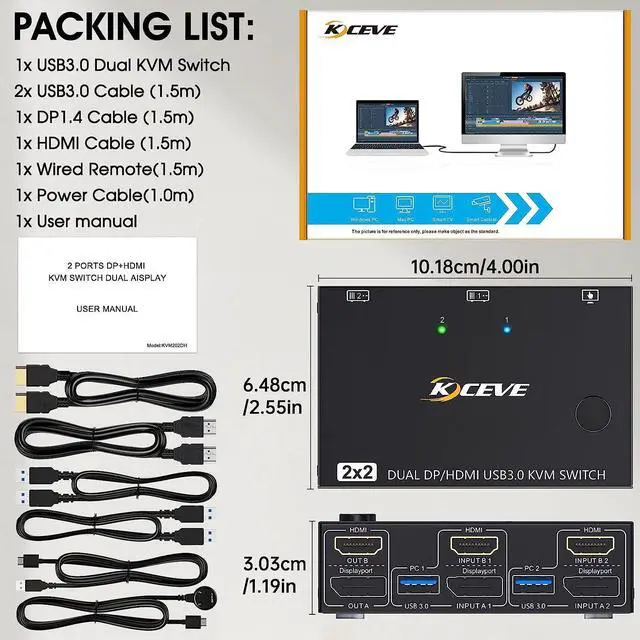 Alt view image 7 of 7 - Dual Monitor KVM Switch HDMI+Displayport 2 in 2 Out 4K@60Hz, 2K@120Hz, USB 3.0 2 Port DP + HDMI KVM Switch for 2 Computer Share 2 Monitors and 4 USB 3.0 Devices, Wired Remote and 4 Cables Included