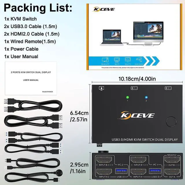 Alt view image 7 of 7 - Dual Monitor HDMI KVM Switch 2 in 2 Out 4K@60Hz 2K@144Hz, EDID Emulator, USB 3.0 HDMI KVM Switch for 2 Computers Share 2 Monitors and 4 USB 3.0 Ports,Wired Remote and Cables Included