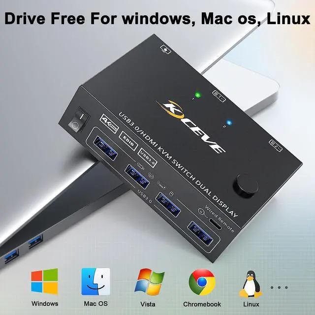 Alt view image 6 of 7 - Dual Monitor HDMI KVM Switch 2 in 2 Out 4K@60Hz 2K@144Hz, EDID Emulator, USB 3.0 HDMI KVM Switch for 2 Computers Share 2 Monitors and 4 USB 3.0 Ports,Wired Remote and Cables Included
