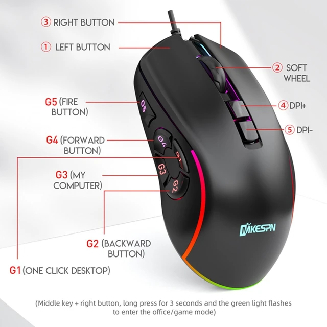 Alt view image 6 of 7 - USB Wired Gaming Mouse with 14 Colors RGB Backlit, 6400 DPI Adjustable, Gaming Mice with 10 Programmable Macro Buttons & Fire Button, PC Gaming Mouse for Windows/Mac, Black