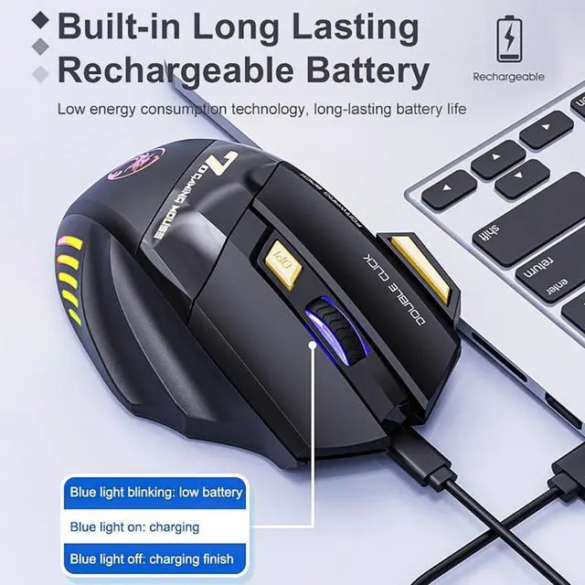 Alt view image 4 of 7 - 7 Colors RGB Wireless Mouse, 2.4Ghz Wireless Gaming Mouse for Gamer, Computer Mouse Ergonomic Gaming Mousewith 7 Buttons, 1200/2400/3200 DPI,  Rechargeable Wireless Mouse For Laptop PC