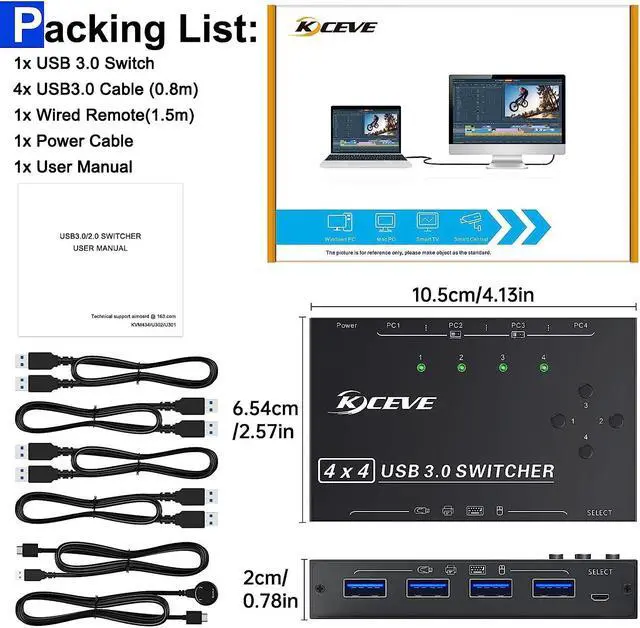 Alt view image 7 of 7 - 4x4 USB 3.0 Switch, 4 Port USB Switch Selector for 4 Computers Sharing 4 USB Devices, Keyboard Mouse Switch, USB Switcher Compatible with Mac/Windows/Linux,Wired Remote and 4 USB 3.0 Cable Included
