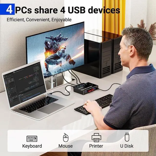 Alt view image 2 of 7 - 4x4 USB 3.0 Switch, 4 Port USB Switch Selector for 4 Computers Sharing 4 USB Devices, Keyboard Mouse Switch, USB Switcher Compatible with Mac/Windows/Linux,Wired Remote and 4 USB 3.0 Cable Included
