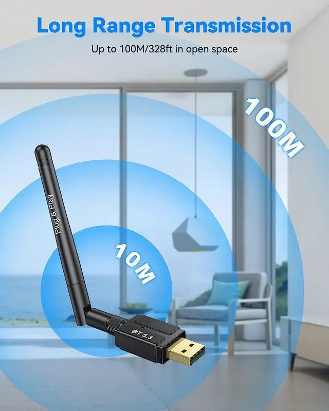Alt view image 2 of 7 - USB Bluetooth Adapter for PC, Plug and Play Bluetooth 5.3 Dongle, 328FT/100M Long Distance Wireless Transfer USB Bluetooth 5.3 Adapter for Desktop Laptop PC with Windows 11/10/8.1 (Black)