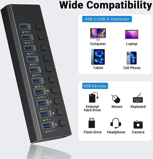 Alt view image 5 of 7 - Powered USB 3.0 Hub, 10-Port Powered USB Hub 3.0 with Individual Switch, Aluminum Alloy Fast Charging USB 3.0 Hub USB Expander Compatible with All USB Devices Laptops Desktops (12V 4A Power Adapter)