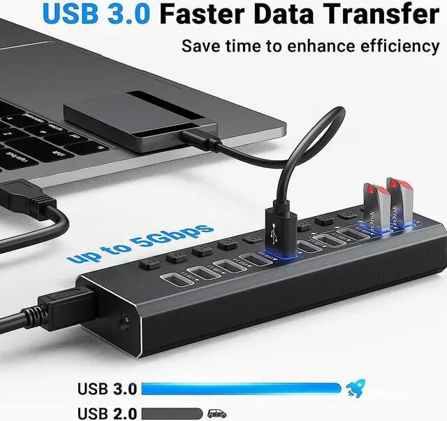 Alt view image 3 of 7 - Powered USB 3.0 Hub, 10-Port Powered USB Hub 3.0 with Individual Switch, Aluminum Alloy Fast Charging USB 3.0 Hub USB Expander Compatible with All USB Devices Laptops Desktops (12V 4A Power Adapter)