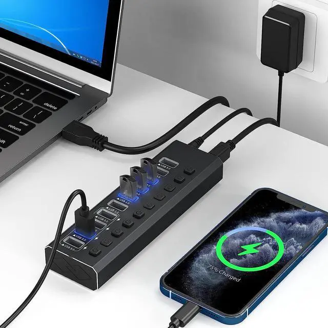 Alt view image 7 of 7 - Powered USB 3.0 Hub, 10-Port Powered USB Hub 3.0 with Individual Switch, Aluminum Alloy Fast Charging USB 3.0 Hub USB Expander Compatible with All USB Devices Laptops Desktops (12V 4A Power Adapter)