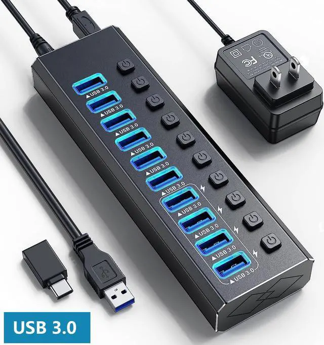 Main image of Powered USB 3.0 Hub, 10-Port Powered USB Hub 3.0 with Individual Switch, Aluminum Alloy Fast Charging USB 3.0 Hub USB Expander Compatible with All USB Devices Laptops Desktops (12V 4A Power Adapter)