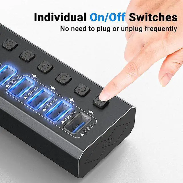 Alt view image 4 of 7 - Powered USB 3.0 Hub, 10-Port Powered USB Hub 3.0 with Individual Switch, Aluminum Alloy Fast Charging USB 3.0 Hub USB Expander Compatible with All USB Devices Laptops Desktops (12V 4A Power Adapter)