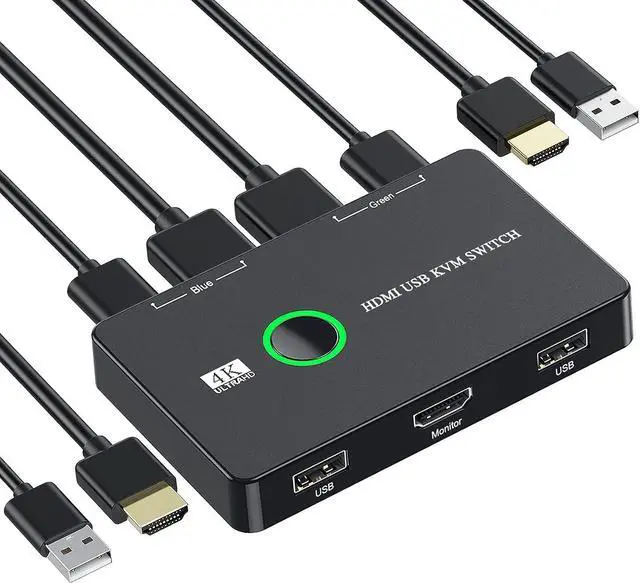 Main image of 2 Port HDMI KVM Switch 2 in 1 Out, USB KVM Switch for 2 Computers Sharing One HD Monitor and Keyboard Mouse, Support 4K @60Hz with 2 USB Cable and 2 HD-MI Cable