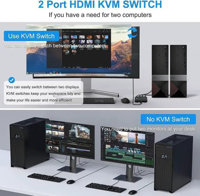 Alt view image 3 of 7 - 2 Port HDMI KVM Switch 2 in 1 Out, USB KVM Switch for 2 Computers Sharing One HD Monitor and Keyboard Mouse, Support 4K @60Hz with 2 USB Cable and 2 HD-MI Cable