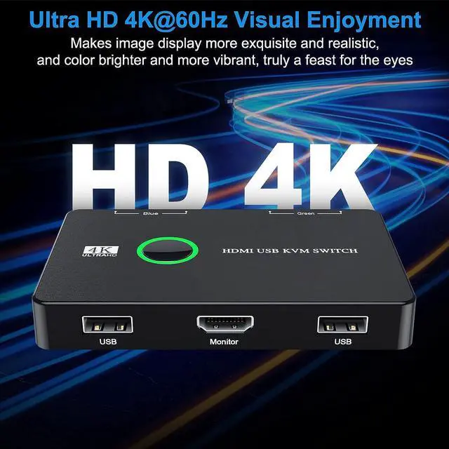 Alt view image 4 of 7 - 2 Port HDMI KVM Switch 2 in 1 Out, USB KVM Switch for 2 Computers Sharing One HD Monitor and Keyboard Mouse, Support 4K @60Hz with 2 USB Cable and 2 HD-MI Cable