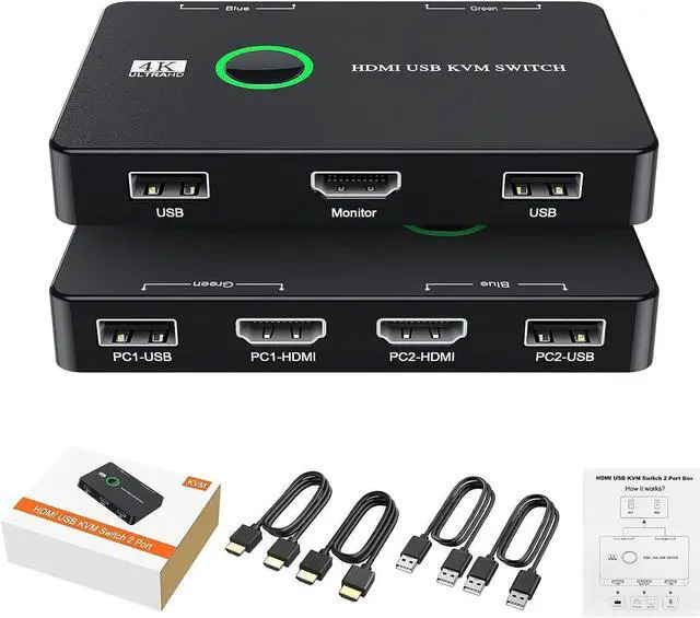 Alt view image 7 of 7 - 2 Port HDMI KVM Switch 2 in 1 Out, USB KVM Switch for 2 Computers Sharing One HD Monitor and Keyboard Mouse, Support 4K @60Hz with 2 USB Cable and 2 HD-MI Cable