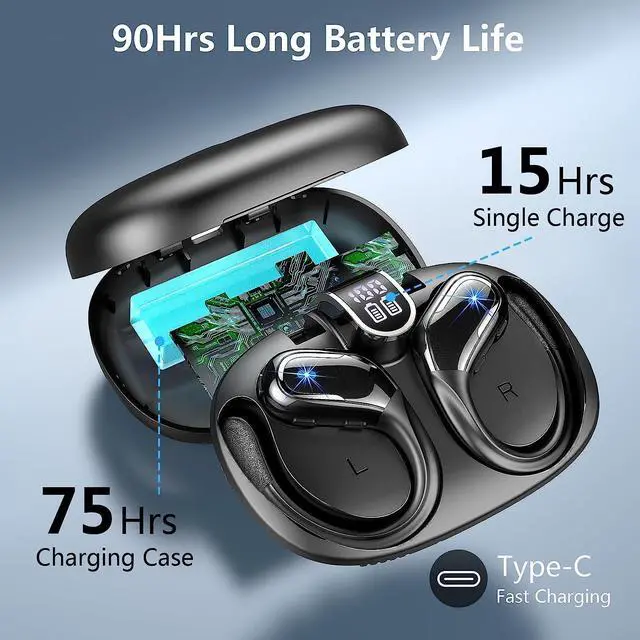 Alt view image 2 of 7 - True Wireless Earbuds, Bluetooth 5.3 Headphones Wireless with CVC8.0 Noise Cancelling Mic, IP7 Waterproof Wireless Earphones Running 3D Stereo, 90H Bluetooth Sport Ear buds Earhooks for iOS/Android