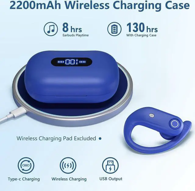 Alt view image 2 of 6 - True Wireless Earbuds, Bluetooth Headphones 130H Playback 4 Mics Clear Call Waterproof Sport Wireless Headset, 2200mAh Charging Case in-Ear Ear Buds Earphones with Earhooks for Sports Running Workout