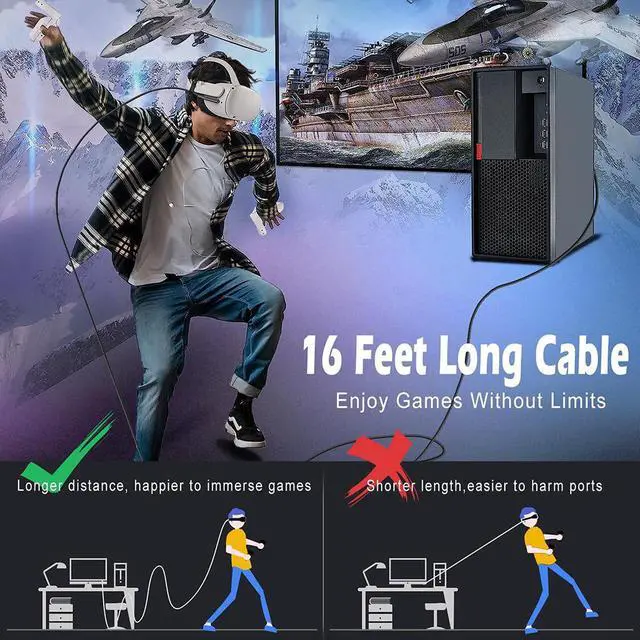 Alt view image 5 of 7 - 16FT / 5M VR Link Cable Compatible with O-culus/Meta Quest Accessories and PC/Steam VR, USB 3.2 to USB C Data Transfer Cord, USB A to USB C 5Gbps High Speed VR Cable PC for Headset and Gaming PC,Black