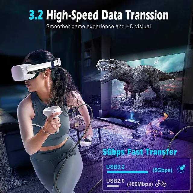 Alt view image 4 of 7 - 16FT / 5M VR Link Cable Compatible with O-culus/Meta Quest Accessories and PC/Steam VR, USB 3.2 to USB C Data Transfer Cord, USB A to USB C 5Gbps High Speed VR Cable PC for Headset and Gaming PC,Black