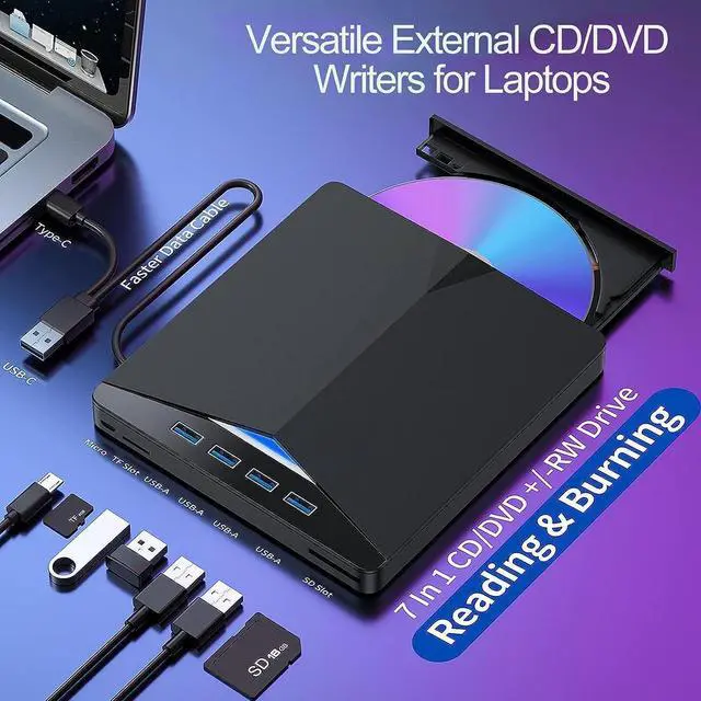Alt view image 2 of 7 - 7-in-1 External CD DVD Drive for Laptop, USB 3.0 Type C CD DVD Player Burner with Card Reader 4 USB Ports Hub, Portable Slim CD DVD ROM for Desktop PC Compatible with Windows 11/10/8/7 Linux MacOS