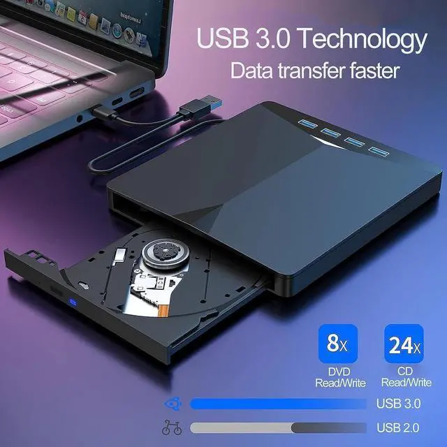 Alt view image 3 of 7 - 7-in-1 External CD DVD Drive for Laptop, USB 3.0 Type C CD DVD Player Burner with Card Reader 4 USB Ports Hub, Portable Slim CD DVD ROM for Desktop PC Compatible with Windows 11/10/8/7 Linux MacOS