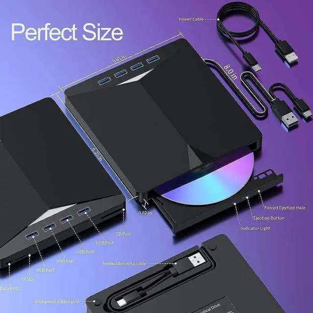 Alt view image 7 of 7 - 7-in-1 External CD DVD Drive for Laptop, USB 3.0 Type C CD DVD Player Burner with Card Reader 4 USB Ports Hub, Portable Slim CD DVD ROM for Desktop PC Compatible with Windows 11/10/8/7 Linux MacOS