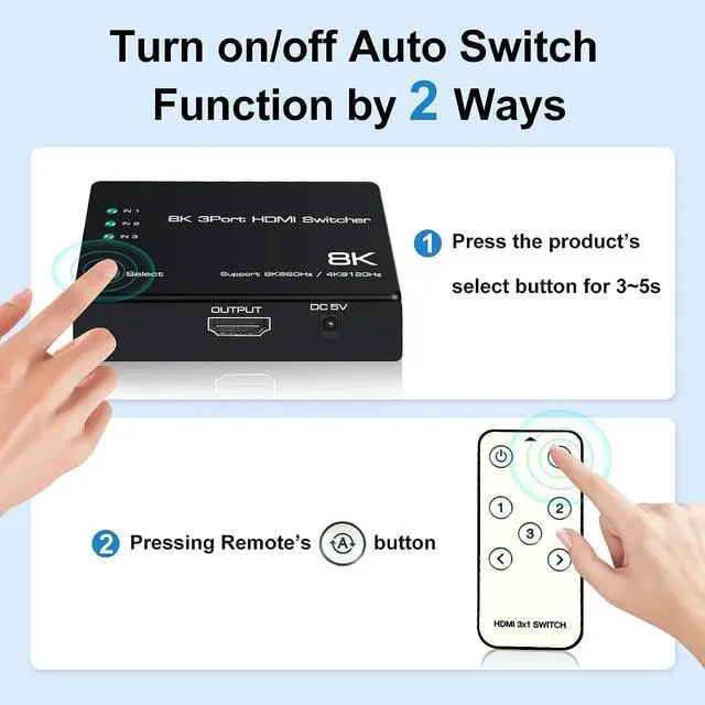 Alt view image 5 of 7 - HDMI 2.1 Switch 3 in 1 Out, 8K@60Hz 4K@120Hz HDMI Switcher 3 Port, 8K HDMI Auto Switch 3x1 Selector with IR Remote for Xbox,PS5,PS4,UHD TV, Support 48Gbps, HDCP 2.3,HDR 10+, 1080P@240Hz