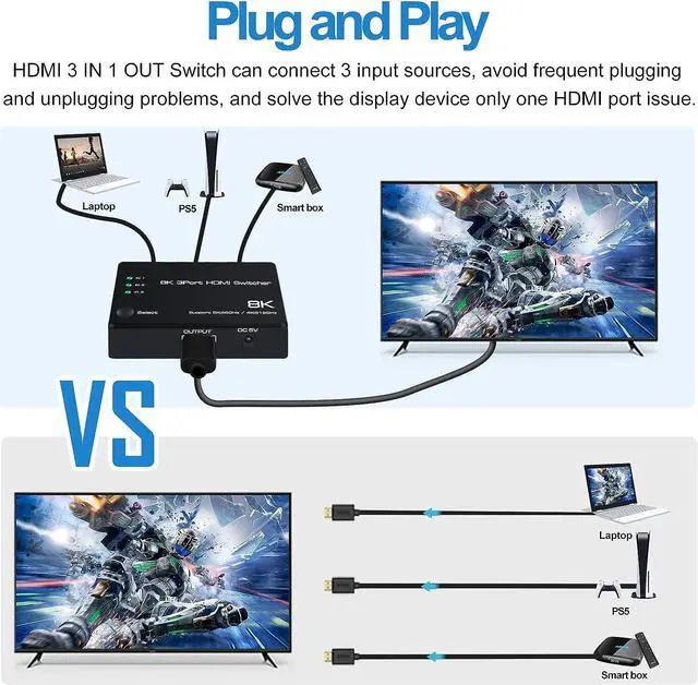 Alt view image 6 of 7 - HDMI 2.1 Switch 3 in 1 Out, 8K@60Hz 4K@120Hz HDMI Switcher 3 Port, 8K HDMI Auto Switch 3x1 Selector with IR Remote for Xbox,PS5,PS4,UHD TV, Support 48Gbps, HDCP 2.3,HDR 10+, 1080P@240Hz