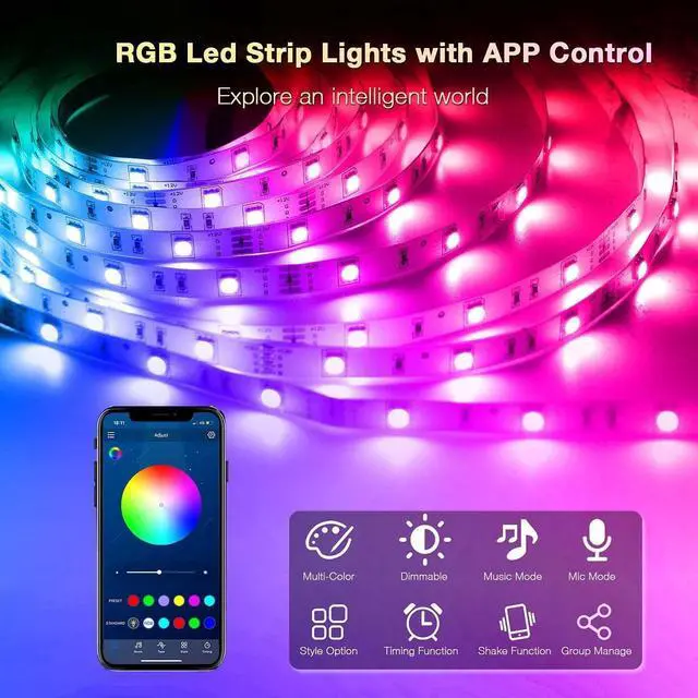 Alt view image 6 of 7 - 100FT Smart LED Strip Lights (2 Rolls of 50ft), LED RGB Strip Lights Sync to Music with 40 Key Remote Controller LED Lights for Bedroom,Christmas Lights decration (Multi-Colored, 100FT)