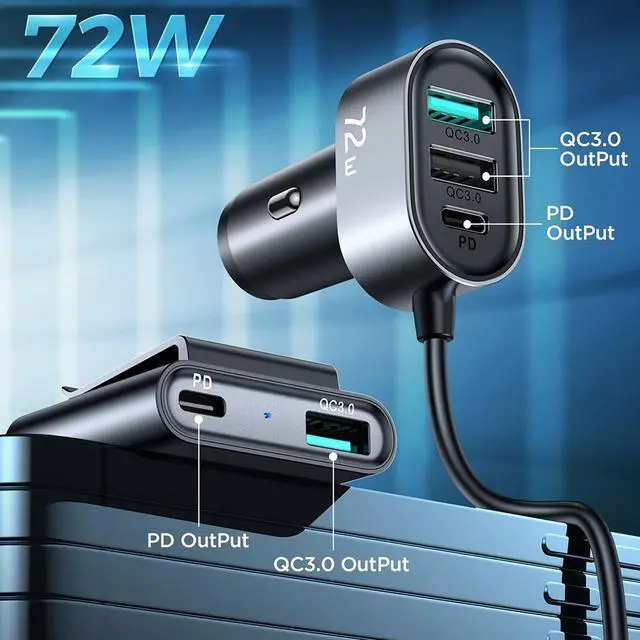 Alt view image 2 of 7 - 5-in-1 Multi Port USB Car Charger, 72W Car Charger Fast Charging for Multiple Devices, Car Cigarette Lighter USB Charger with Fast 5FT Cable for i-P-h-o-n-e X/11/12/1314 Pro Max/i-P-ad Pro/ S23