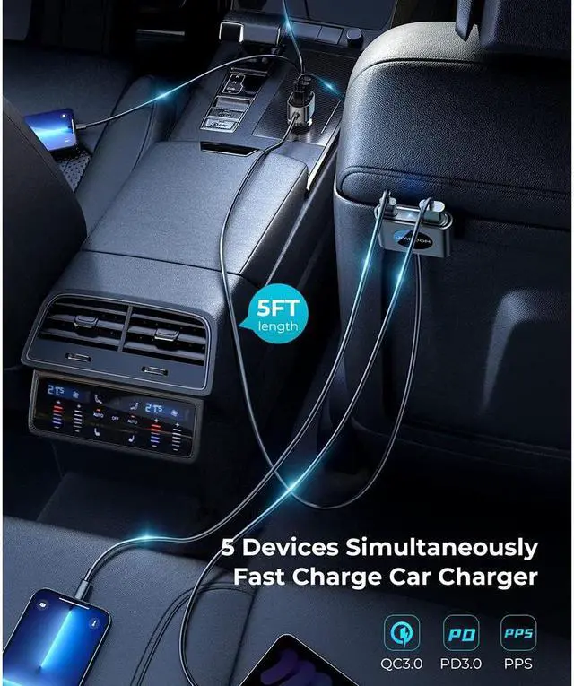 Alt view image 4 of 7 - 5-in-1 Multi Port USB Car Charger, 72W Car Charger Fast Charging for Multiple Devices, Car Cigarette Lighter USB Charger with Fast 5FT Cable for i-P-h-o-n-e X/11/12/1314 Pro Max/i-P-ad Pro/ S23