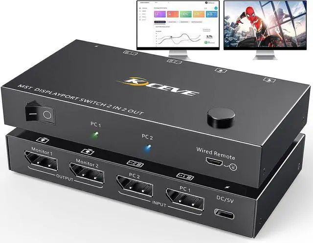 Main image of MST Displayport Splitter Switch 2 in 2 Out 4K @60Hz, 2 Port Displayport Switcher for 2 Computers 2 Monitors, Support Extend and Mirror Mode for PCs with DP or USB C Port, Wired Remote Included